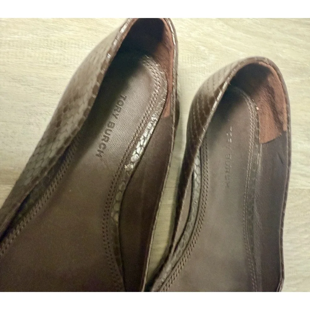 Tory Burch Brown Snake Embossed Leather Logo Medallion Ballet‎ Flats Womens 5.5